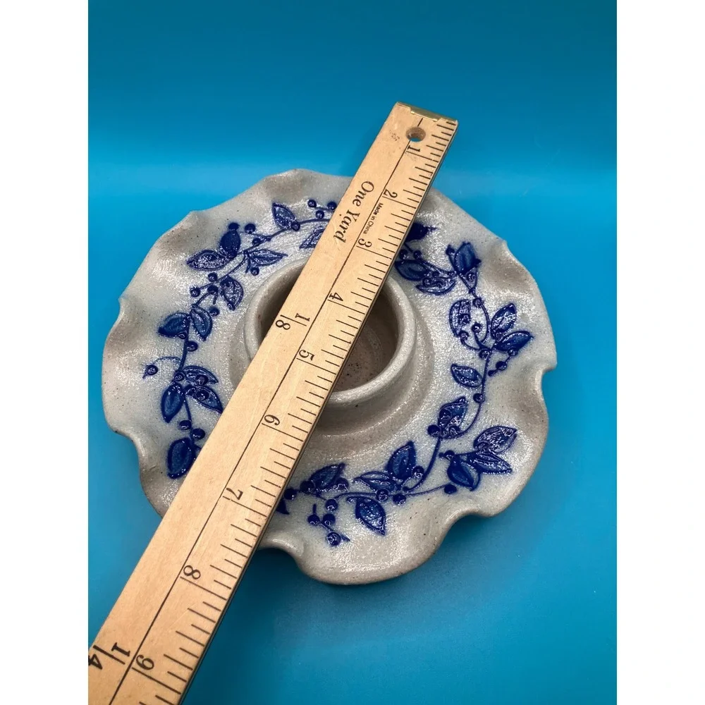 Salmon Falls Stoneware Candle Holder Blue Ruffled Salt Glaze Farmhouse W/O Shade